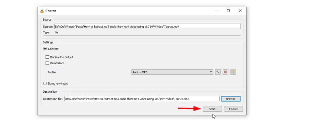 Step 7: Click on Start to begin MP3 audio extraction from MP4 video